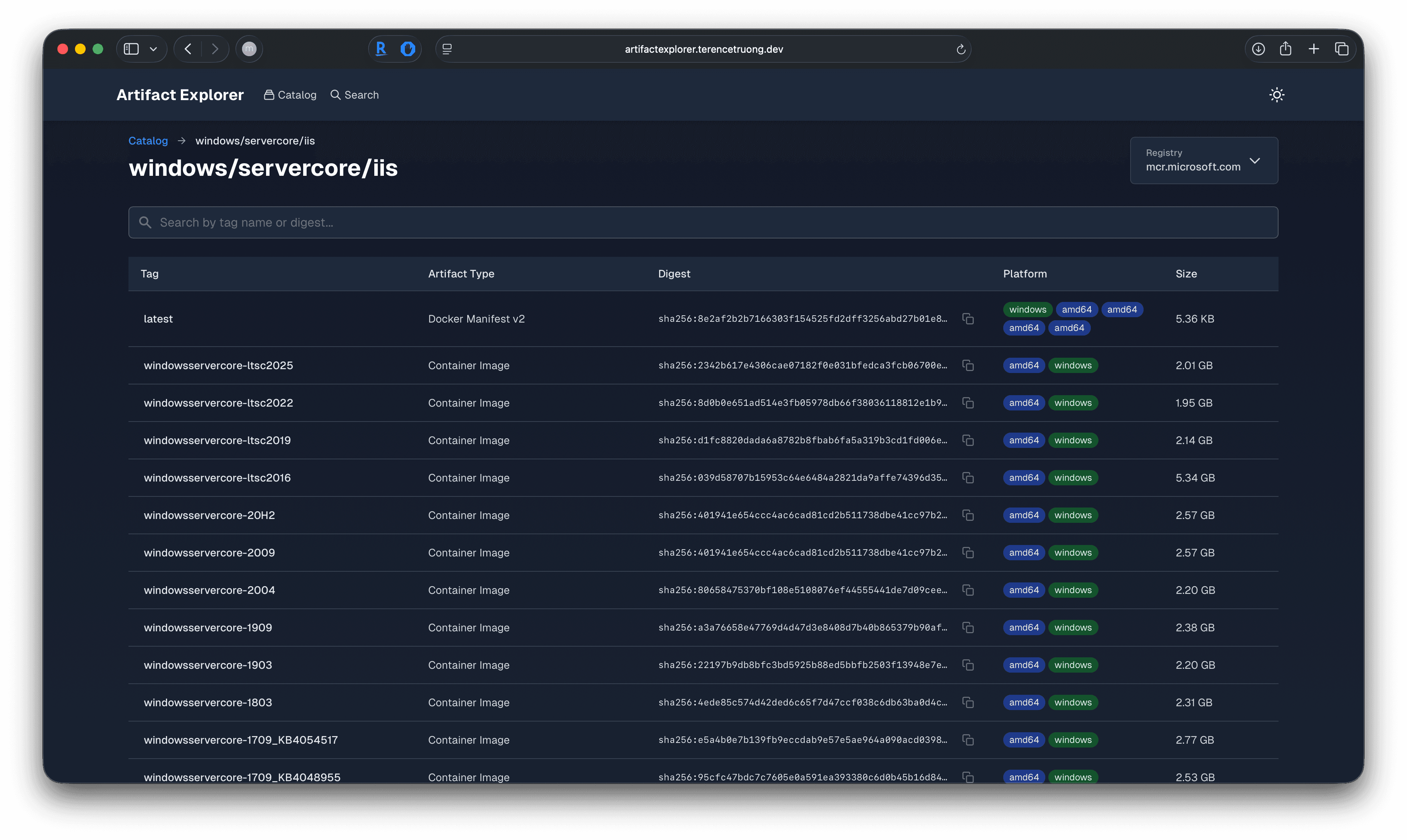 Screenshot of the Artifact Explorer registry browser